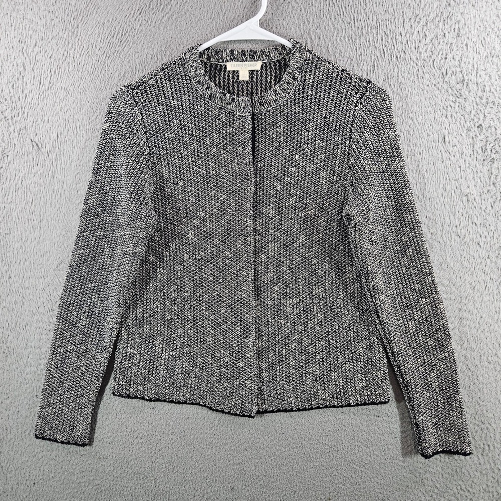 Eileen Fisher Petite Black White Marled Organic Linen Cotton Knit Jacket P S